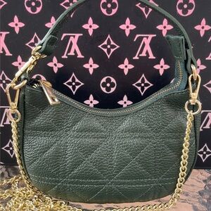 Mini Hunter Green Pebbled Leather Quilted Handbag / Crossbody - New